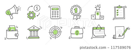 Hand drawn doodle business, money icon set. Finance, money, marketing sketch drawn cute trendy line doodle icon. Business bank, finance calculator, economic goal elements. Vector Hand drawn doodle business, money icon set. Finance, money, marketing sketch drawn cute trendy line doodle icon. Business bank, finance calculator, economic goal elements. Vector 117589076