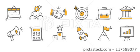Hand drawn doodle business, money icon set. Finance, startup marketing sketch drawn cute trendy line doodle icon. Business work, finance rocket, growth economic goal elements. Vector Hand drawn doodle business, money icon set. Finance, startup marketing sketch drawn cute trendy line doodle icon. Business work, finance rocket, growth economic goal elements. Vector 117589077