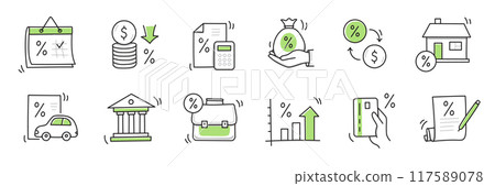 Loan interest rate doodle icon set. Hand drawn sketch doodle line style bank money loan interest rate icon for house, car discount percentage concept. Trendy cute element. Vector 117589078