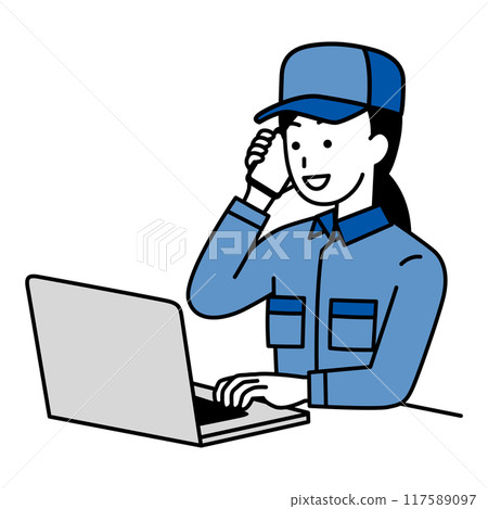 一位穿著工作服的女士一邊打電話一邊使用筆記型電腦 一位穿著工作服的女士一邊打電話一邊使用筆記型電腦 117589097