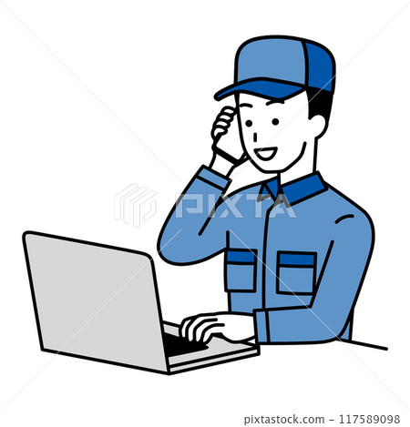一名穿著工作服的男子在筆記型電腦上打電話 一名穿著工作服的男子在筆記型電腦上打電話 117589098