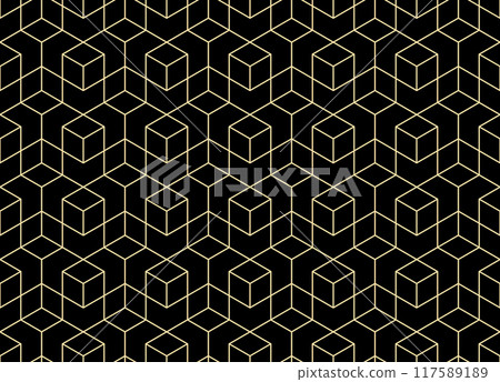 The geometric pattern with lines. Seamless vector background. Golden and black texture. Graphic modern pattern. Simple lattice graphic design The geometric pattern with lines. Seamless vector background. Golden and black texture. Graphic modern pattern. Simple lattice graphic design 117589189
