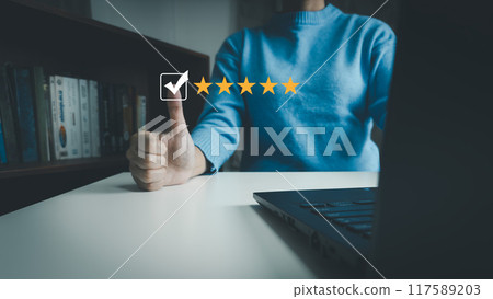 Satisfaction concept of customer, express their opinions, answers and satisfied scores, client is satisfied with pressing 5 stars icon, excellent service, good feedback from user Satisfaction concept of customer, express their opinions, answers and satisfied scores, client is satisfied with pressing 5 stars icon, excellent service, good feedback from user 117589203