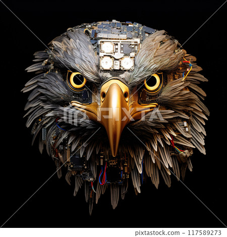 A majestic eagle's head, intricately crafted from computer circuit boards and electronic components, stares intensely. The contrast of natural and artificial elements creates a captivating visual. 117589273