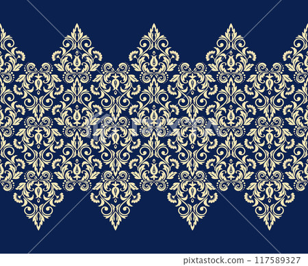 Wallpaper in the style of Baroque. Seamless vector background. Golden and dark blue floral ornament. Graphic pattern for fabric, wallpaper, packaging. Ornate Damask flower ornament Wallpaper in the style of Baroque. Seamless vector background. Golden and dark blue floral ornament. Graphic pattern for fabric, wallpaper, packaging. Ornate Damask flower ornament 117589327