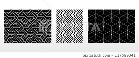 Geometric set of seamless black and white patterns. Simple vector graphics. 117589341