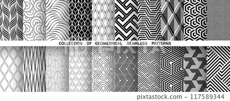 Geometric set of seamless black and white patterns. Simple vector graphics. 117589344
