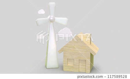 The Eco fan wind and house wood  for generator electric for energy or ecology concept 3d rendering. 117589528