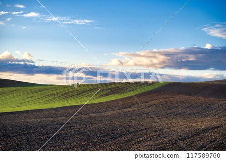 Rural landscape with agricultural activity and grass Rural landscape with agricultural activity and grass 117589760