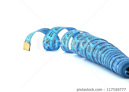 Blue measuring tape curled on white background representing fitness and precision Blue measuring tape curled on white background representing fitness and precision 117589777