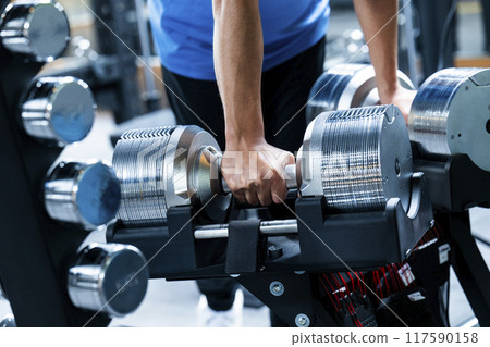 Sports gym, training gym, dumbbell, image, hand 117590158