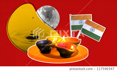 A red background with a yellow circle and a moon A red background with a yellow circle and a moon 117590347