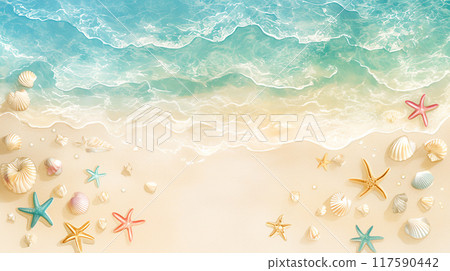 Illustration background of a beach with colorful starfish and shells scattered 117590442