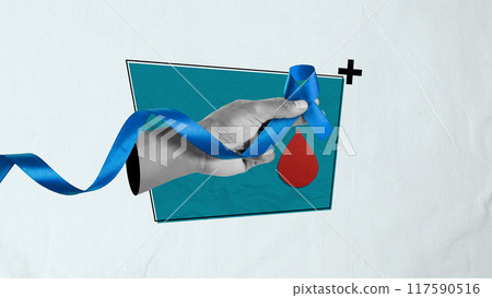 A hand holding a blue ribbon with a triangle in the background A hand holding a blue ribbon with a triangle in the background 117590516