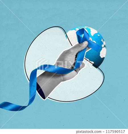 A hand holding a blue ribbon with a triangle in the background 117590517