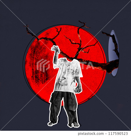 A man's head is on a tree branch and his body is on a red circle 117590523