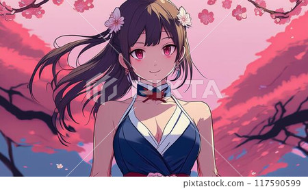 Cherry blossoms and a woman in a stylish dress 117590599