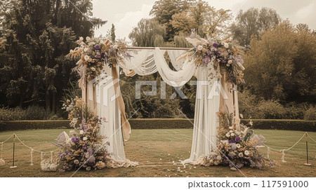 Wedding Ceremony Decorated with Lavender Flowers in the garden. Holiday concept Wedding Ceremony Decorated with Lavender Flowers in the garden. Holiday concept 117591000