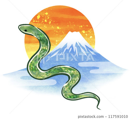 New Year's card material with a watercolor-style snake and Mt. Fuji 117591010
