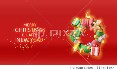 3D Decorated Christmas Wreath 117591462