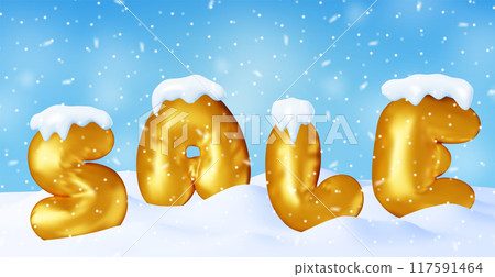 3D gold sale word in balloons on winter landscape 3D gold sale word in balloons on winter landscape 117591464