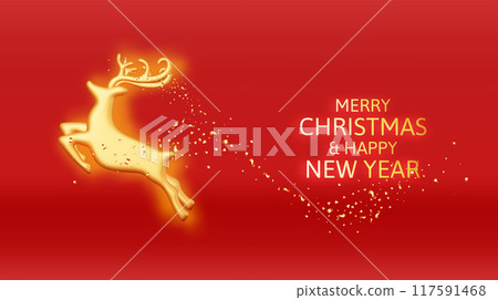 3D gold christmas deer in confetti banner. 3D gold christmas deer in confetti banner. 117591468