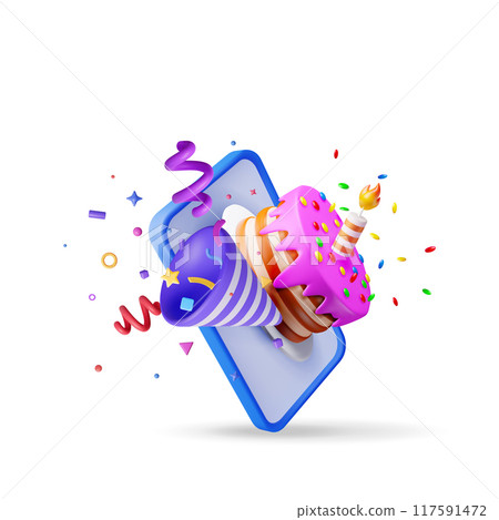 3D smartphone and cake with candle and confetti 3D smartphone and cake with candle and confetti 117591472