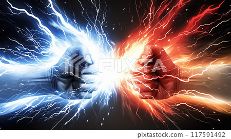 "Fists of red and blue flames clashing in fighting spirit" 117591492