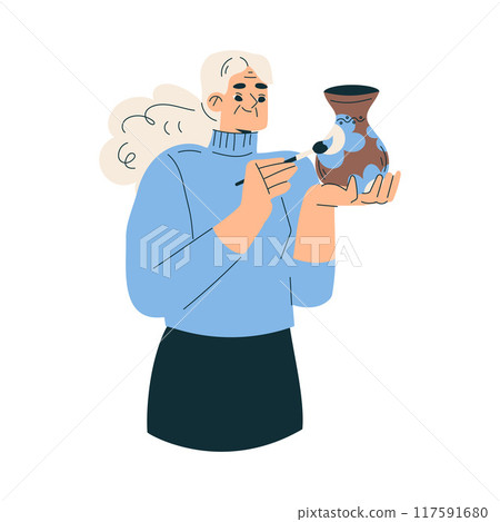 Senior Woman Character Pottery Paint Vase with Brush Vector Illustration 117591680