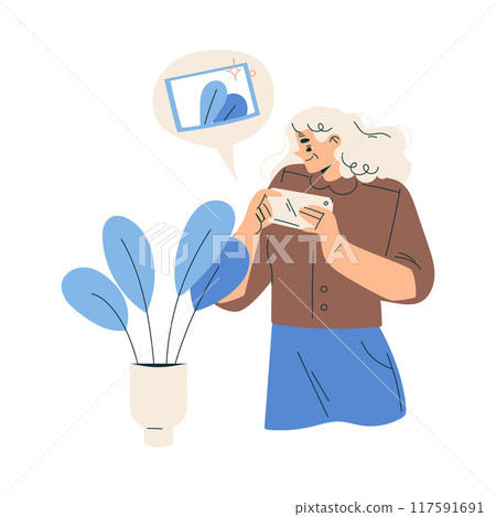 New Technologies with Senior Woman Character with Smartphone Take Photo Vector Illustration New Technologies with Senior Woman Character with Smartphone Take Photo Vector Illustration 117591691