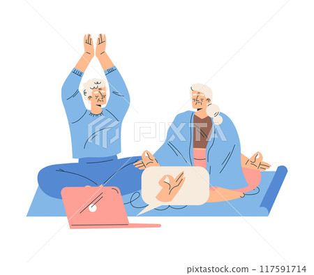 New Technologies with Senior Woman Character with Laptop Doing Yoga Exercise Vector Illustration 117591714