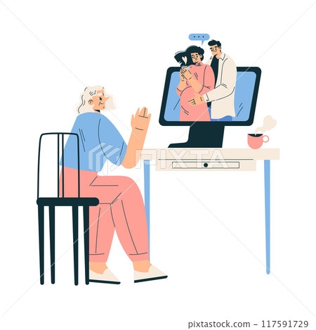 New Technologies with Senior Woman Character at Computer Have Video Call Vector Illustration 117591729