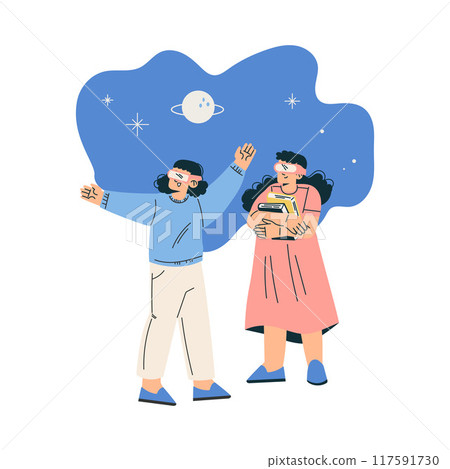 New Technologies with Girl Kid Character in Virtual Glasses Study Space Vector Illustration 117591730