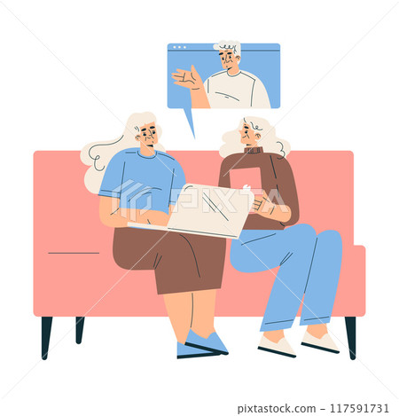 New Technologies with Senior Woman Character at Laptop Have Video Call Vector Illustration 117591731