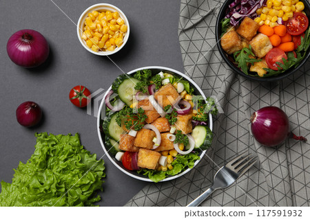 Fried tofu salad in a bowl, top view 117591932