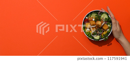 Fried tofu salad in a bowl, top view 117591941