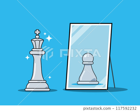 A king sees a pawn in the mirror. Isolated vector illustration. 117592232