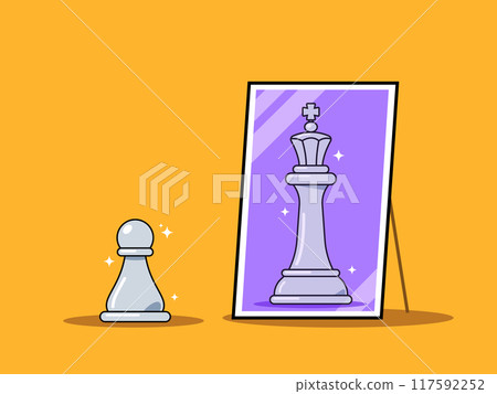 A pawn sees a king in the mirror. Isolated vector illustration. 117592252