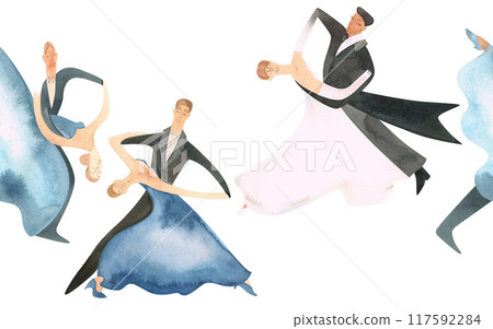 Ballroom dancing, standard. Adult couples on the parquet. Isolated watercolor illustration. Seamless border, banner for website design of a school or ballroom dance studio. Ballroom dancing, standard. Adult couples on the parquet. Isolated watercolor illustration. Seamless border, banner for website design of a school or ballroom dance studio. 117592284