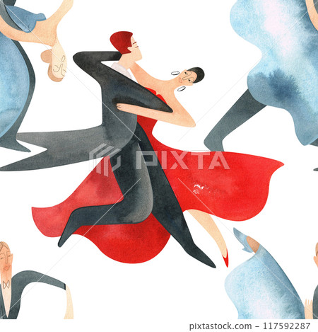 Ballroom dancing, standard. Adult couples on the parquet. Isolated watercolor illustration. Seamless pattern. White background Ballroom dancing, standard. Adult couples on the parquet. Isolated watercolor illustration. Seamless pattern. White background 117592287