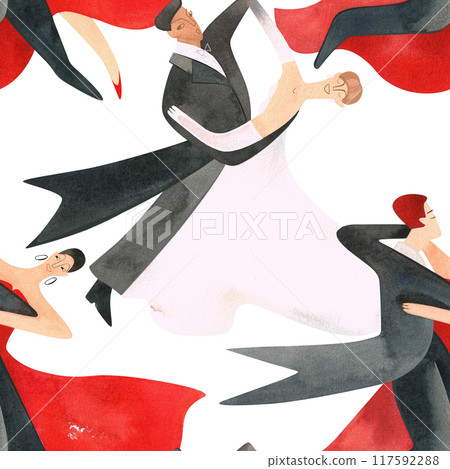 Ballroom dancing, standard. Adult couples on the parquet. Isolated watercolor illustration. Seamless pattern. White background 117592288