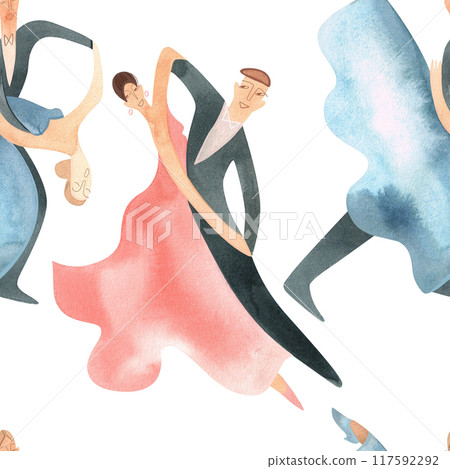 Ballroom dancing, standard. Adult couples on the parquet. Isolated watercolor illustration. Seamless pattern. White background 117592292