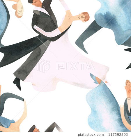 Ballroom dancing, standard. Adult couples on the parquet. Isolated watercolor illustration. Seamless pattern. White background 117592293