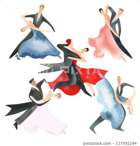 Ballroom dancing, standard. Adult couples on the parquet. Isolated watercolor illustration. Composition for a postcard, poster for competitions, performances, shows, balls, parties. 117592294