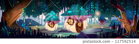 Magic fairy forest landscape with mushroom house 117592514