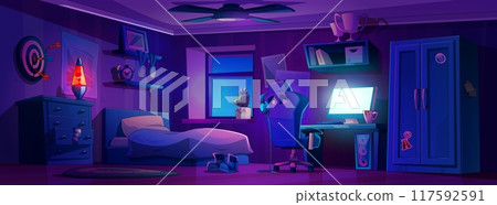 Teen boy bedroom interior at night 117592591