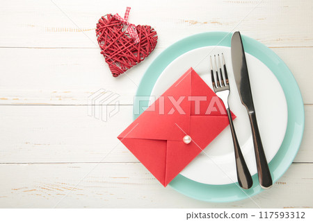 Valentines day table place setting. Holidays background Valentines day table place setting. Holidays background 117593312