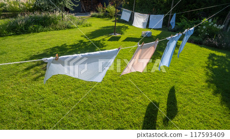 Pillowcases sway on a clothesline over a lush green lawn in a serene backyard. 117593409