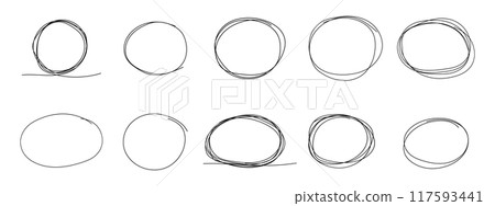 Highlight circle frame cadre, circle doodle scribble round circles for message note. border, mark check or text box isolated on white background. Hand drawn decorative stroke, vintage sketch icon Highlight circle frame cadre, circle doodle scribble round circles for message note. border, mark check or text box isolated on white background. Hand drawn decorative stroke, vintage sketch icon 117593441