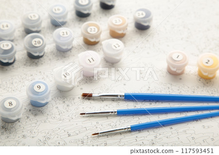 Paints for drawing pictures by numbers, copy space Paints for drawing pictures by numbers, copy space 117593451
